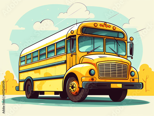 Illustration of a retro school bus in a clean and stylized design. Yellow in color.  © Aisyaqilumar