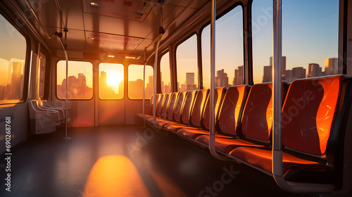 Empty city bus at dawn with the sun rising over the urban landscape in the background.