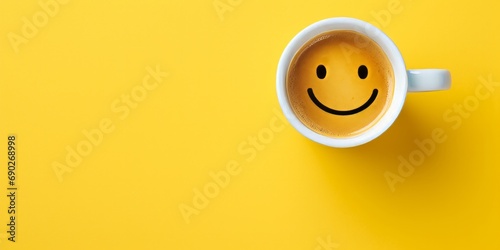 A top-down view of a cup of coffee with a smiley face on a yellow background.