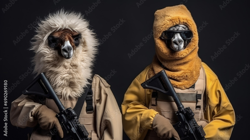 Fototapeta premium Covert Critters: Animals in Terrorist Outfits for Striking Advertisements