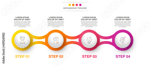 Timeline vector infographic design with 4 icons and circles. Circular infographics for business concepts and reports. Use for chart, banner, process, diagram, flow chart, annual graph.