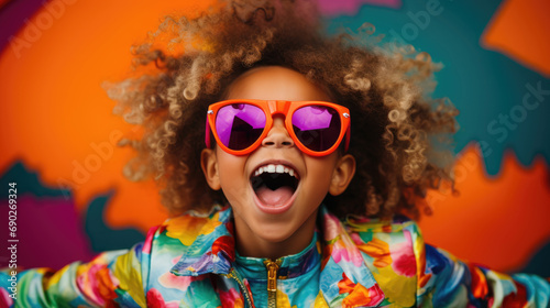 Happy smiling child in extravagant stylish neon clothes photo