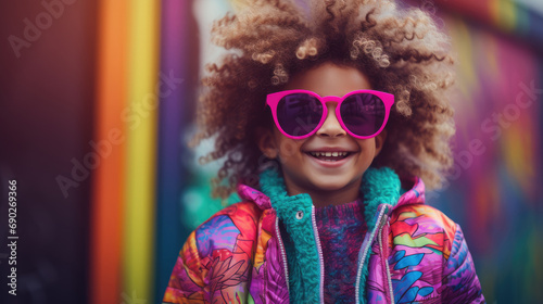 Happy smiling child in extravagant stylish neon clothes © eireenz