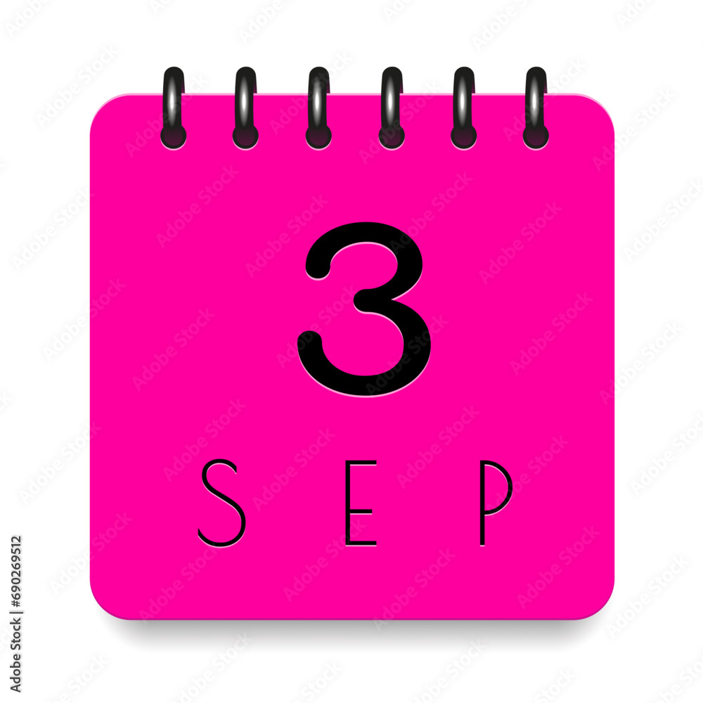 3 day of the month. September. Pink calendar daily icon. Black letters. Date day week Sunday, Monday, Tuesday, Wednesday, Thursday, Friday, Saturday. Cut paper. White background. Vector illustration.