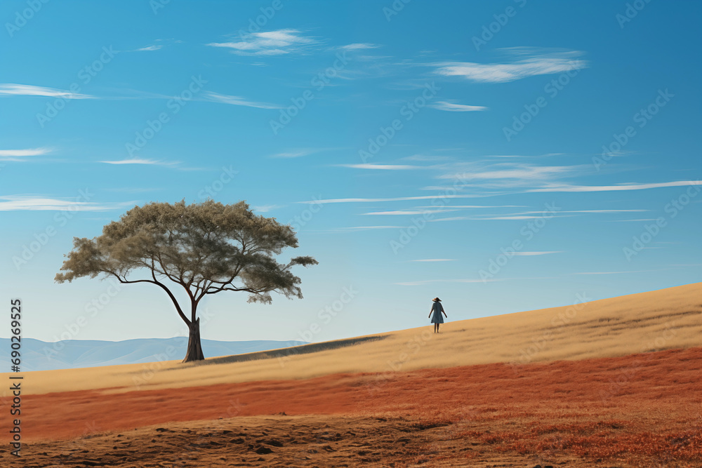 minimalist photo of a person taking a leisurely walk in nature, emphasizing the stress-relieving aspect of exercise, photo, minimalistic cinematic style