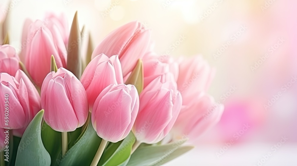 Bouquet of pink tulips. blured spring background.