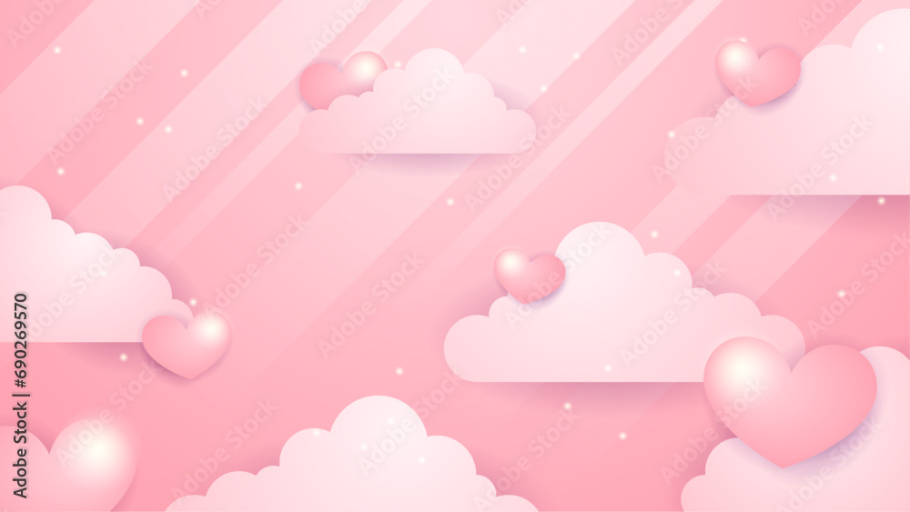 Pink vector love background with realistic hearts. Valentine vector illustration for greeting card, banner, gift, template, sale banner, poster, flyer and web