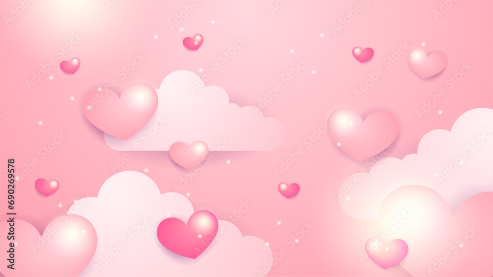 Pink vector realistic modern love background with heart element. Valentine vector illustration for greeting card, banner, gift, template, sale banner, poster, flyer and web