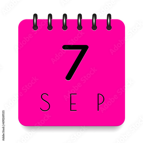 7 day of the month. September. Pink calendar daily icon. Black letters. Date day week Sunday, Monday, Tuesday, Wednesday, Thursday, Friday, Saturday. Cut paper. White background. Vector illustration.