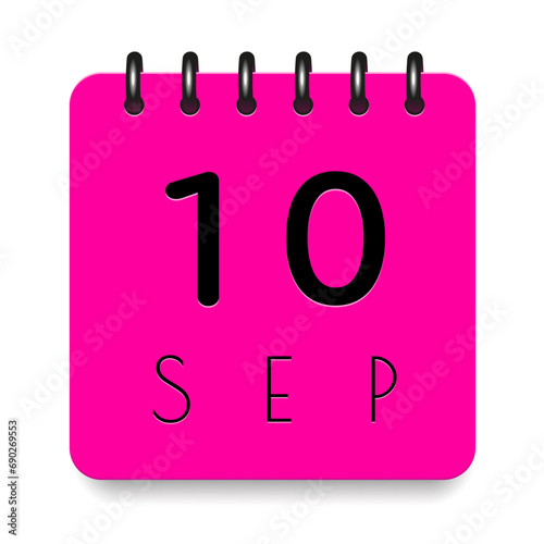 10 day of the month. September. Pink calendar daily icon. Black letters. Date day week Sunday, Monday, Tuesday, Wednesday, Thursday, Friday, Saturday. Cut paper. White background. Vector illustration.