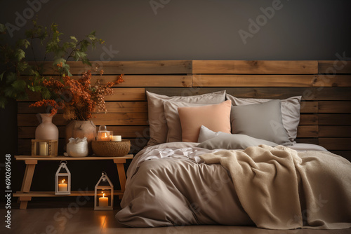 calming photo of a well-prepared bedroom, promoting the importance of quality sleep for overall health, photo, minimalistic cinematic style