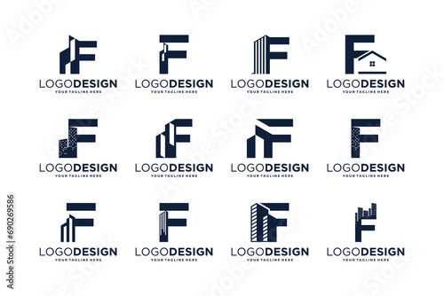 Collection of initial letter F with real estate symbol. Building logo design collection.