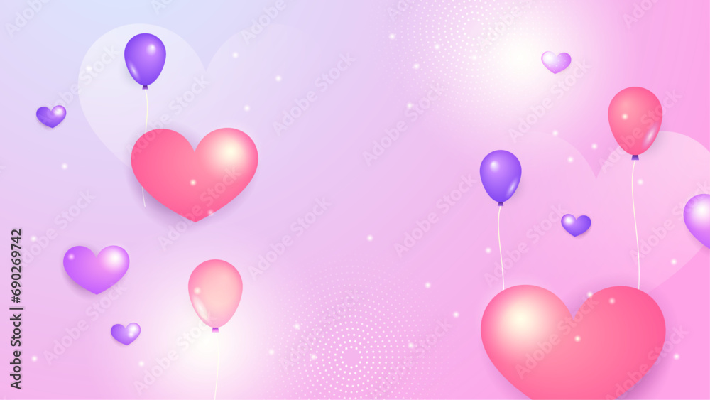 Purple violet and pink vector realistic heart love background. Valentine vector illustration for greeting card, banner, gift, template, sale banner, poster, flyer and web