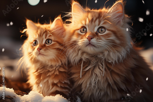 cute kittens surrounded by falling snowflakes, capturing the innocence and charm of their winter exploration, luminous and dreamlike photo