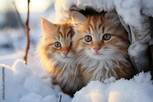 heartwarming photo of kittens playing hide-and-seek in the snow, showcasing their innocence and charm in a luminous and dreamlike style, photo