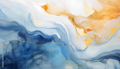 Marbled blue and golden abstract background. Liquid marble ink pattern. abstract background with blue, yellow and white paint mixing in water