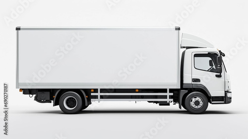 copy space, stockphoto,white delivery truck side view cargo truck advertising. Side view of a big white truck with an even light background. Copy space available. Template for transportation company.  © Dirk
