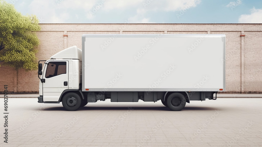 copy space, stockphoto,white delivery truck side view cargo truck advertising. Side view of a big white truck standing in the street. Copy space available. Template for transportation company. Transpo