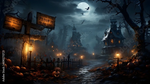 Happy Halloween Graveyard In The Spooky Night and church  Night full moon bats on the tree  Halloween pumpkin.