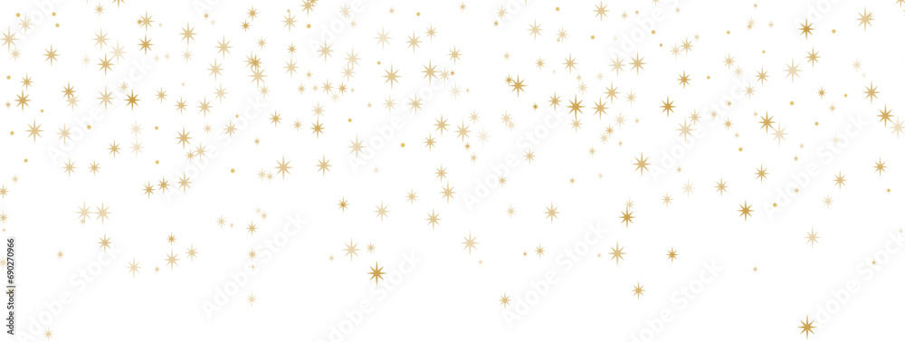Gold flying star confetti, isolated sparkle vector clip art, holiday frame design, modern flat banner
