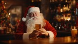 Santa Claus at the bar with a glass of beer. Merry Christmas. Christmas Holiday
