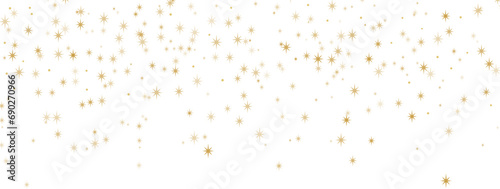 Gold flying star confetti, isolated sparkle vector clip art, holiday frame design, modern flat banner