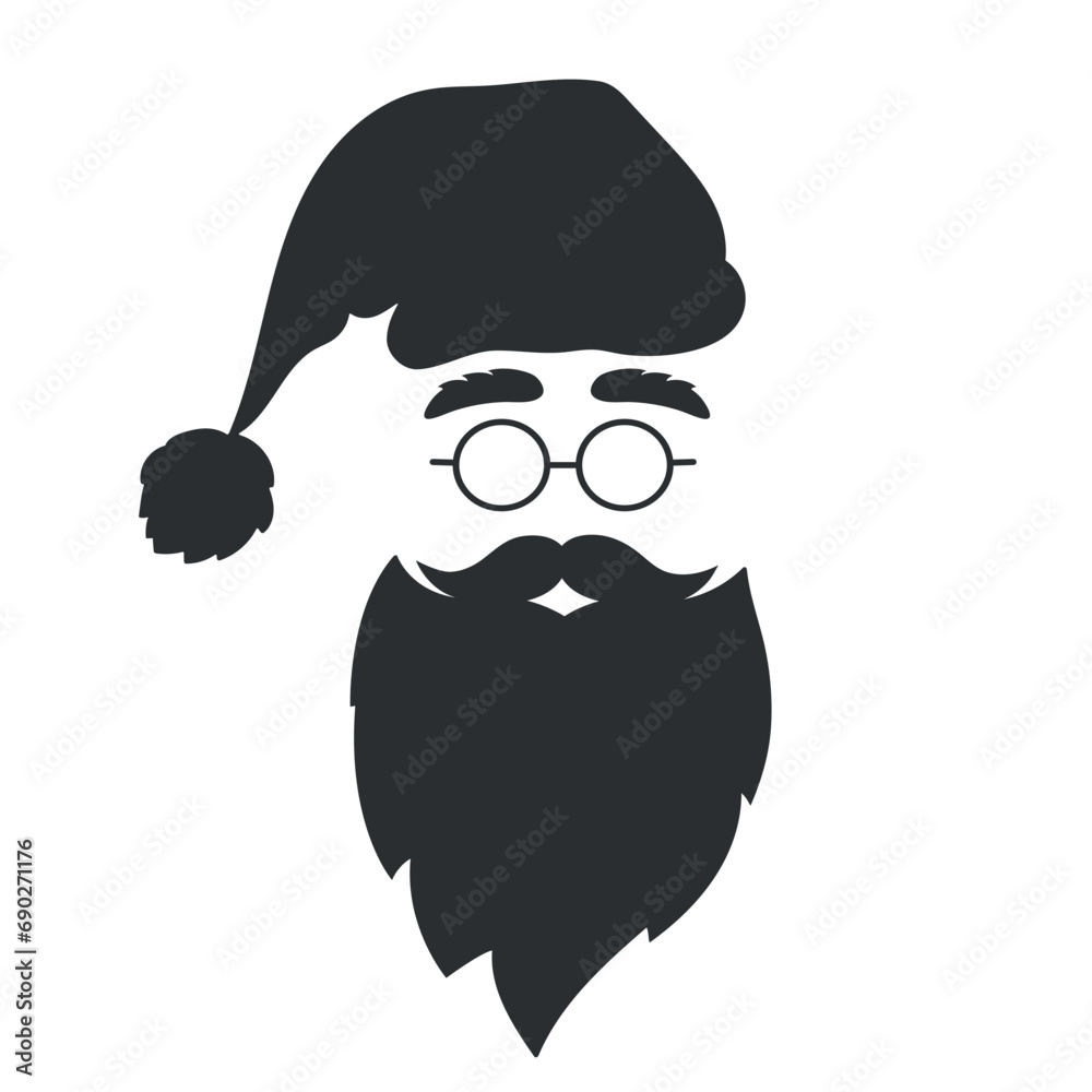 Santa Claus silhouette on white background. Hat, beard, mustache, eyebrows and glasses. Christmas symbol. Vector illustration