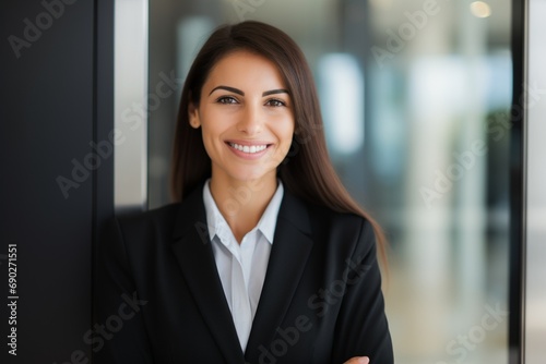 Free Download A Professional Woman in a Business Suit Standing by a Glass Door - GFXLoad