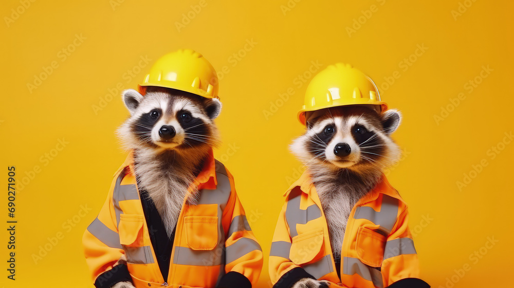 Obraz premium Constructive Critters: Animals in Construction Worker Outfits for Engaging Advertisements