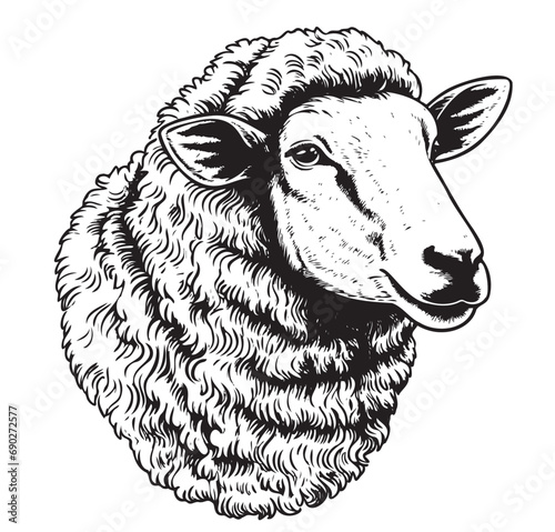 Sheep head portrait illustration, drawing engraving ink, line art, vector