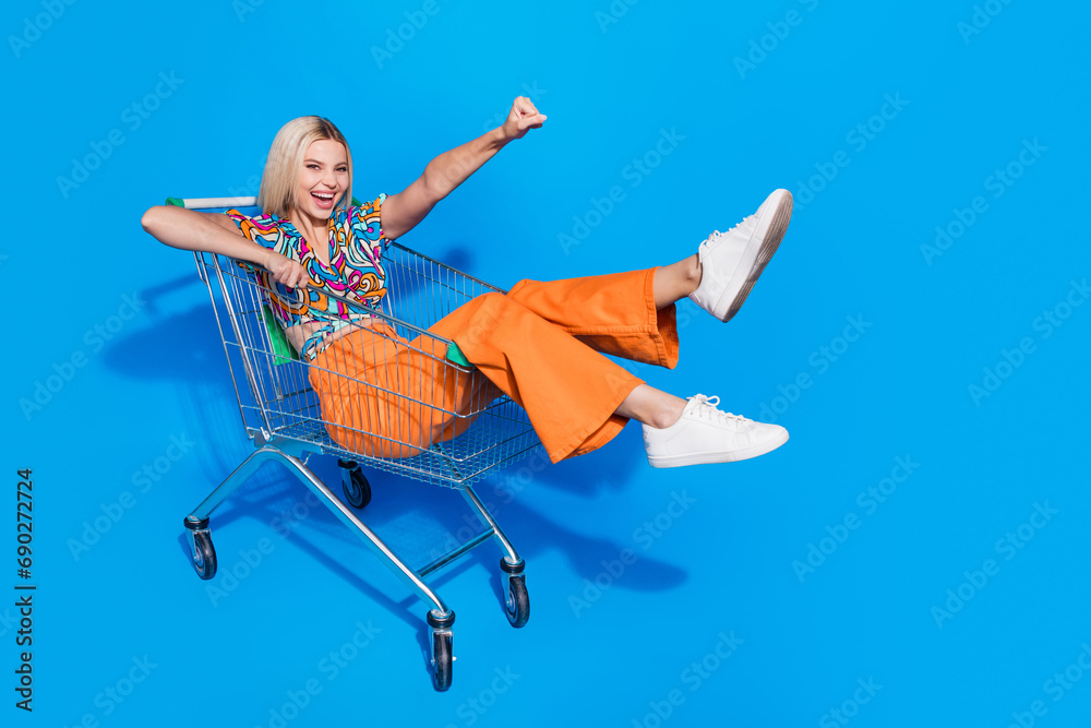 Φωτογραφία Full size photo of cheerful girl wear stylish blouse pants sitting in shopping c