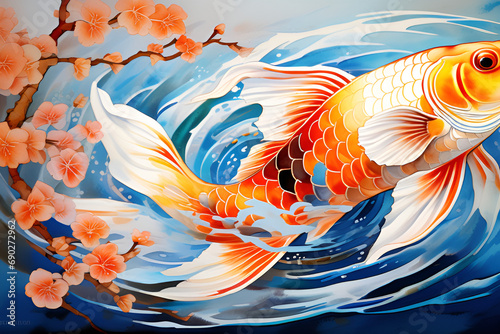 The rhythmic waves of fish patterns tell tales of abundance and fortune, capturing the mystical allure of the ocean in the artistry of the East. Generative AI. © 대래 조