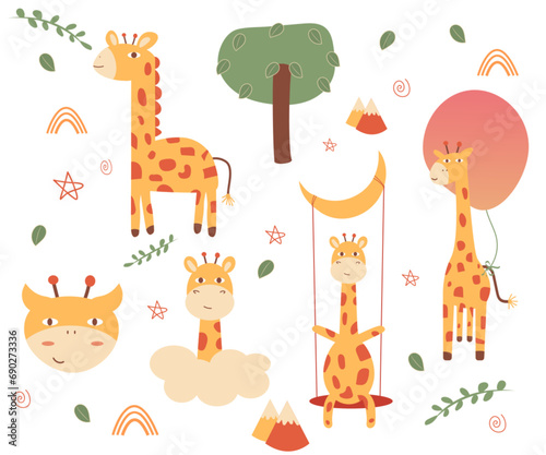 vector hand drawing giraffe abstract boho doodle nature cute adorable