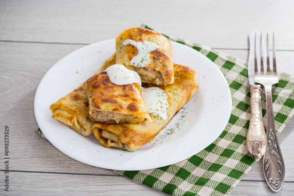 Thin fried pancakes with meat filling in a plate with sour cream and spices.