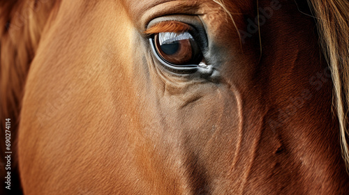Close-Up of a brown horse s head and eye with eyelashes and mane