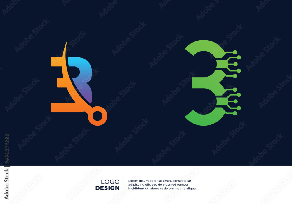 Obraz premium Number 3 digital technology logo design collection.