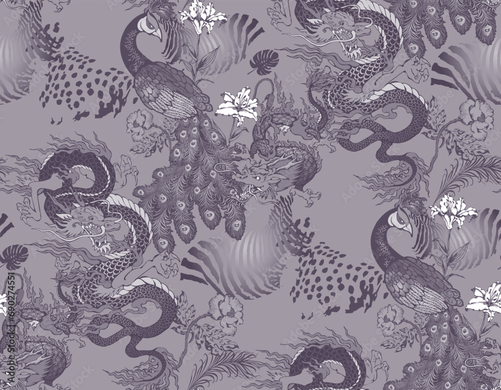 Seamless pattern of peacock and asian dragon. In style Toile de Jou. Suitable for fabric, mural, wrapping paper and the like - obrazy, fototapety, plakaty 