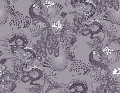 Seamless pattern of peacock and asian dragon. In style Toile de Jou. Suitable for fabric, mural, wrapping paper and the like photo