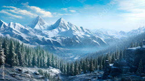 mountain landscape and snow covered trees