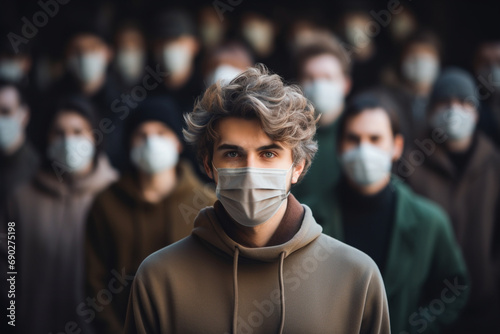 Not like everyone, a man is not wearing a protective mask among other people wearing masks. concept of social consciousness and proper behavior photo