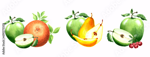 Fototapeta Naklejka Na Ścianę i Meble -  Set of watercolor fruits apple, pear, orange and cherry. Isolated illustration of fruits and citrus Template hand drawn for display window design, menu, card, printing on textile, packaging, sticker