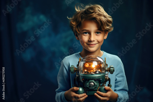 Electric toys and learning robots at robotics horizontal studio plain banner copy paste. Smiling happy boy look straight into the camera with metal robot in hands on bokeh dark blue studio background © Valeriia