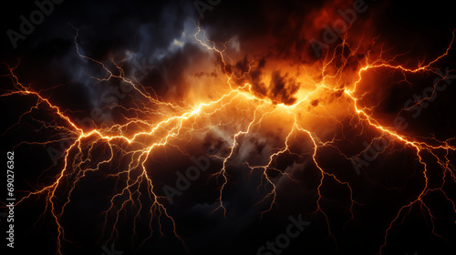 Strike of lightning on dark, futuristic light background. 