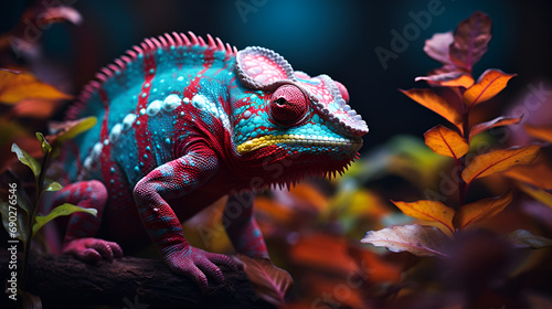 chameleon with amazing colors Generative AI, Chameleon on the flower. Beautiful extreme close-up. Made with generative ai, a closeup shot of a beautiful red and yellow dragon with a blurred backgrou
