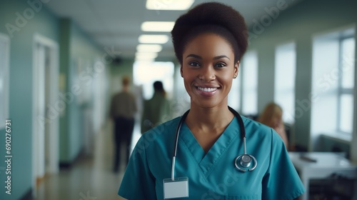 Young nurse wearing medical scrubs, smiling