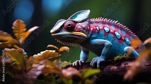 An_elegant_chameleon, A cute blue chameleon with spots sits on a branch, close-up. Generative AI, colorful chameleon on branch in a forest, The Chameleon reptile in Gradation Color, Colorful chame



