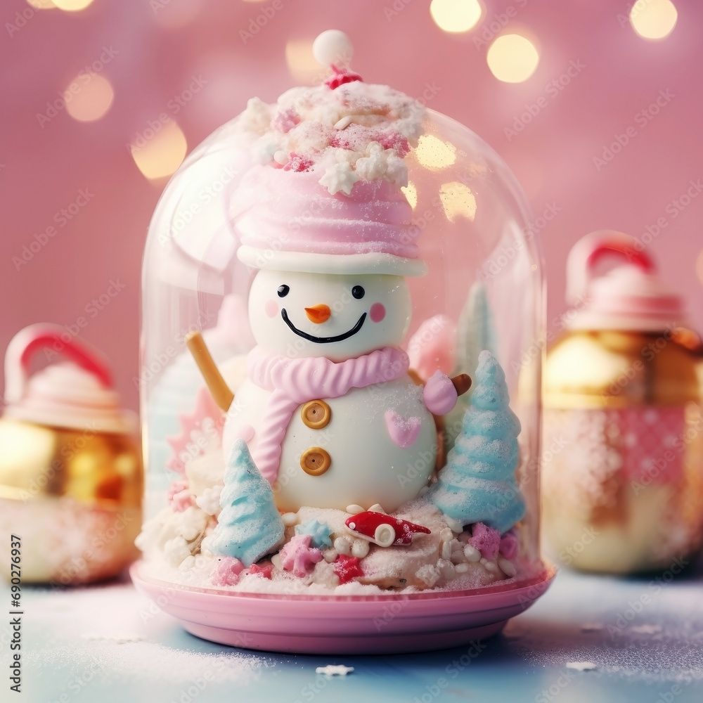 Christmas snow globe with cute snowman. Magical snow globe with Christmas decorations. A wintry scene. Pink Christmas mood. Christmas snow globe with cute snowman. Magical snow globe with Christmas decorations. A wintry scene. Pink Christmas mood.