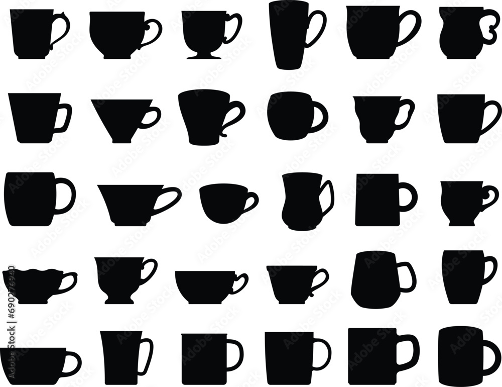 Set of different mugs and tea cups silhouettes