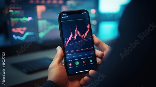 Trader using mobile app for crypto market analysis, trading