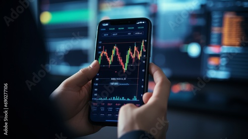 Trader using mobile app for crypto market analysis, trading